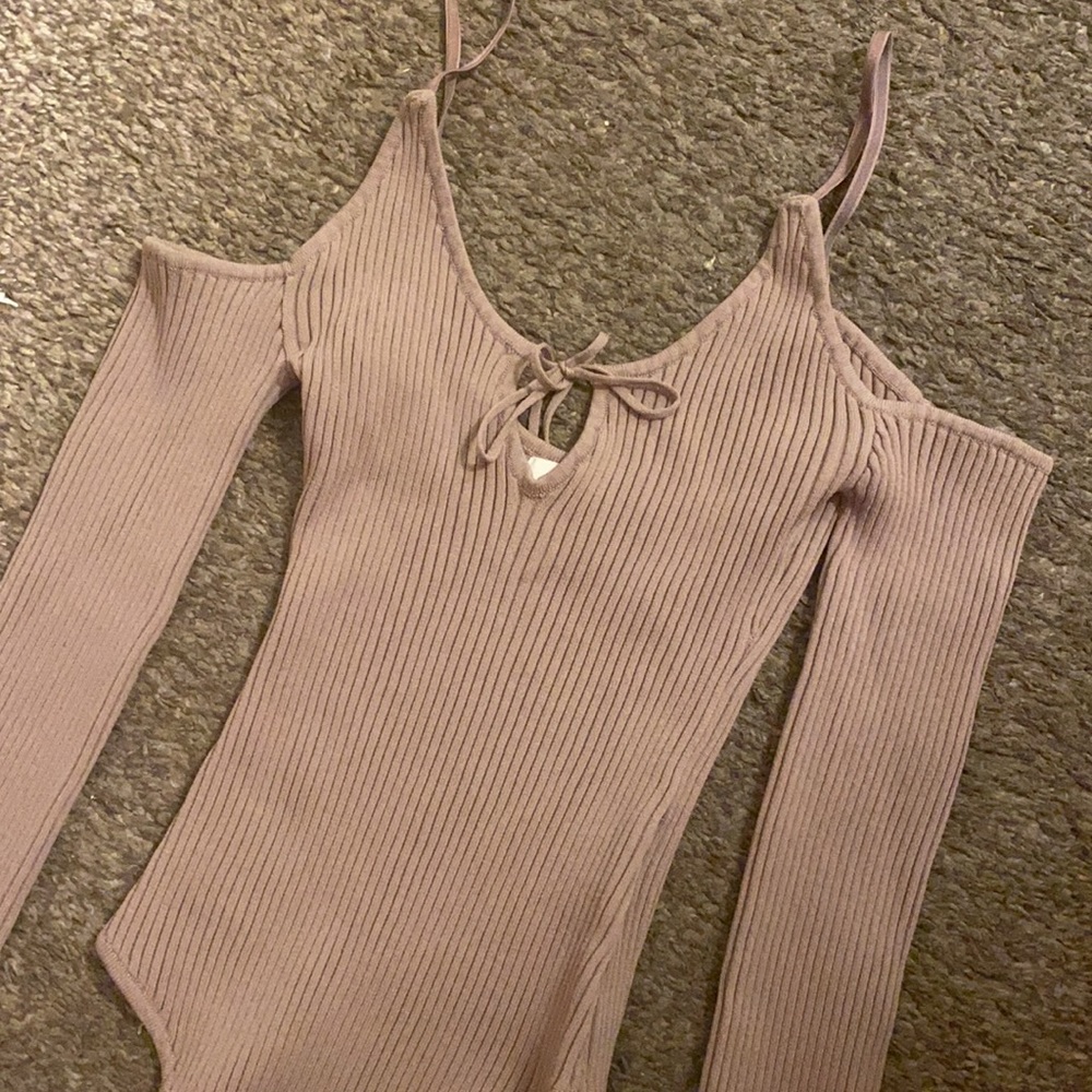 Tan Ribbed Off Shoulder Keyhole Tie Front Bodysuit Taupe Sweater Long Sleeve 🤎